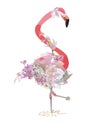 A flamingo decorated with spring and summer flowers.